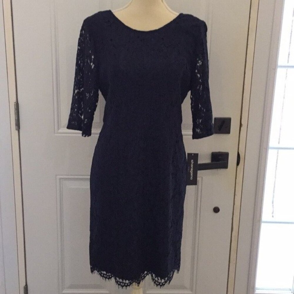 Sharagano Ladies Navy Party Cocktail Dress Lace Sheath Style Size Large
